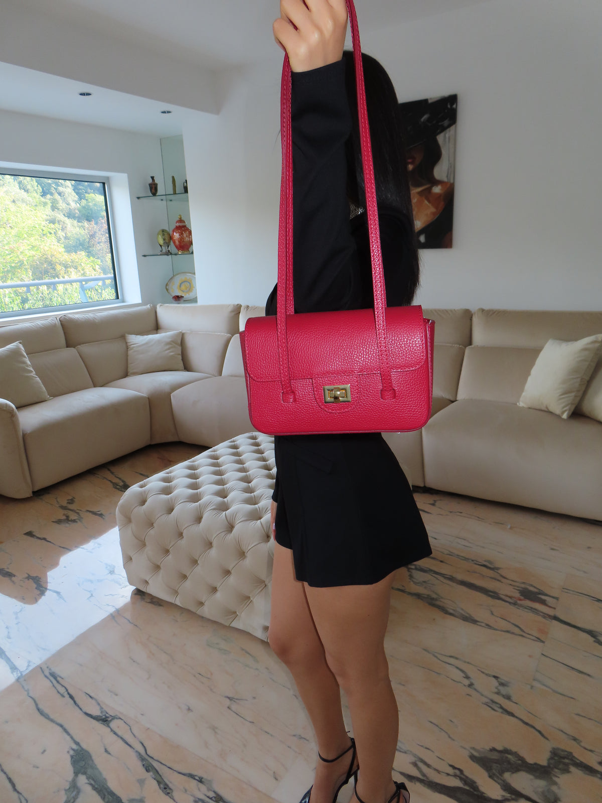 Borsa Vitto VERA PELLE Made In Italy NERO-ROSSO