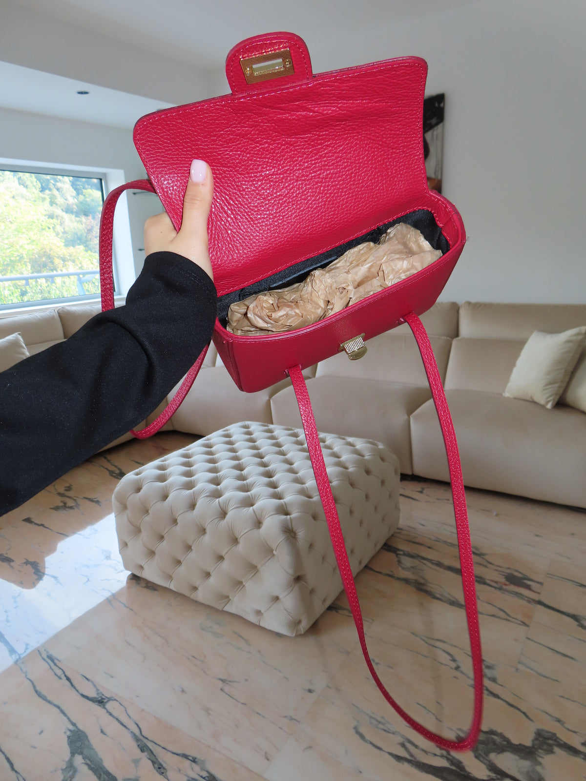 Borsa Vitto VERA PELLE Made In Italy NERO-ROSSO